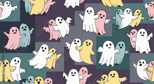 Cute Pastel Ghost Halloween Seamless Pattern. Adorable Spooky Cartoon Ghosts Design for Holiday Background.