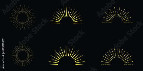 Abstract semicircular light beams bursting outward graphic element black background
