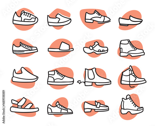 Men's shoes. Set of hand-drawn conceptual illustrations. Cartoon style in vector.