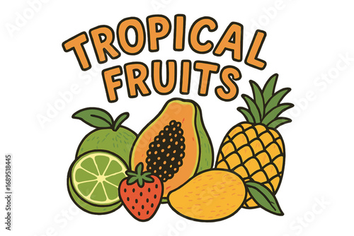 Tropical fruits like papaya, pineapple, lime, mango, and strawberry arranged in a colorful design suitable for decorative purposes