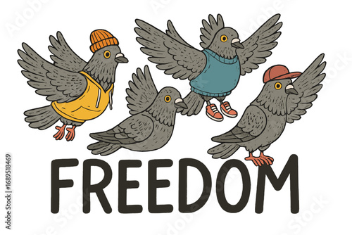 Pigeons wearing stylish outfits promoting freedom in a fun and playful illustration