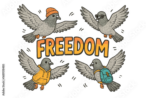 Pigeons dressed in colorful outfits flying with a word representing freedom in a playful illustration