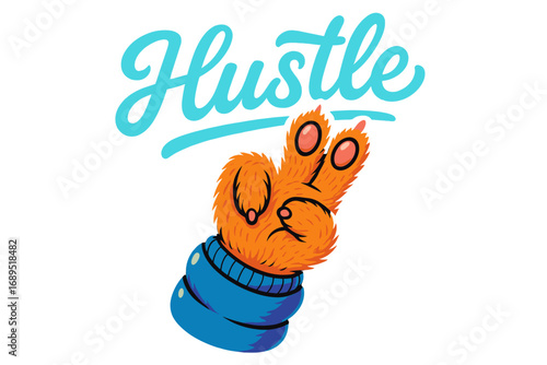 Creative illustration of a furry orange hand making a peace sign with the word Hustle, ideal for promoting positivity and motivation