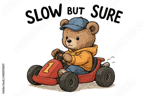 Cute bear driving a colorful go-kart while wearing an orange hoodie and blue cap on a sunny day