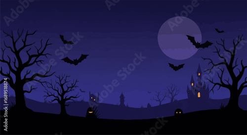 Mysterious Halloween Night Landscape with Haunted Castle, Flying Bats, Bare Trees, and Full Moon Silhouette Against Dark Sky