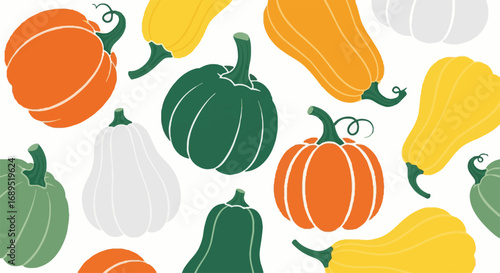 Halloween pumpkin and gourd seamless pattern. Autumn harvest background with various colorful squashes. Flat vector illustration.