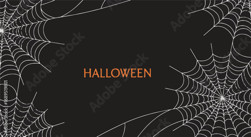 Spooky Halloween black background with intricate spider webs. Creepy dark design for autumn holiday celebration, party banner, or event invitation.