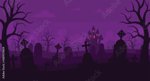 Spooky Halloween Graveyard Background with Haunted House Silhouette at Night. Eerie Cemetery Vector Illustration for Horror Designs.