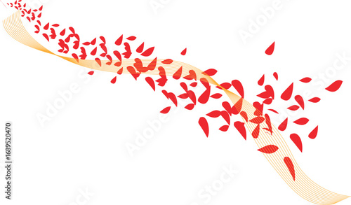 Vector art of red petals flowing on a golden wave