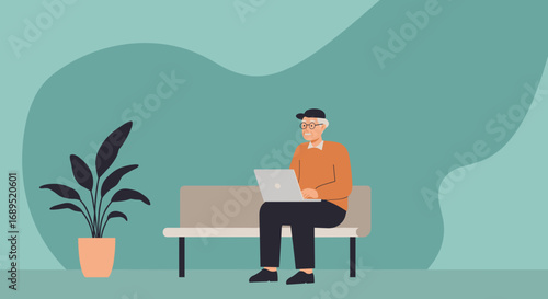 Elderly man happily uses a laptop on a bench, embracing technology for leisure, learning, or staying connected. Modern senior lifestyle.