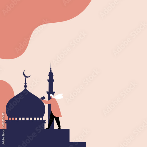Muslim man standing by a mosque, holding a holy book. Represents faith, devotion, and Islamic culture. Ideal for Ramadan, Eid, or spiritual themes.