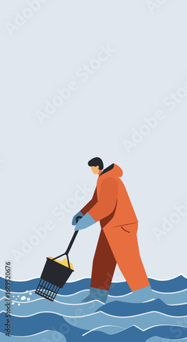Person in waterproof gear wading in water, collecting something with a sieve. Illustrates concepts of harvesting, environmental care, or aquatic work.