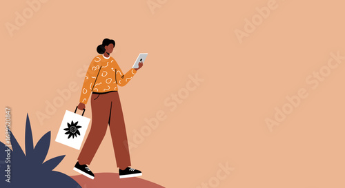 Illustrated person walking with a shopping bag and using a tablet. Modern consumer, digital shopping, and connected lifestyle concept for retail and technology.