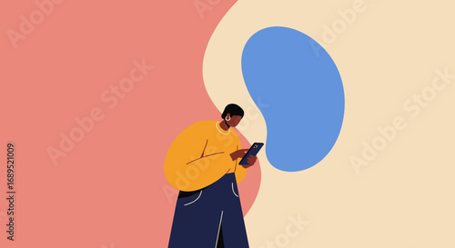 Modern illustration of a person focused on their smartphone, symbolizing digital communication, social media, and online interaction.