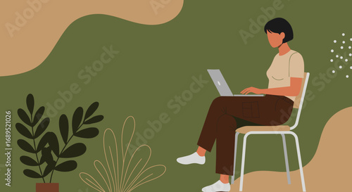 Woman working remotely on a laptop, embodying productivity and digital connectivity in a calm, modern environment. Ideal for business, education, and online lifestyle concepts.