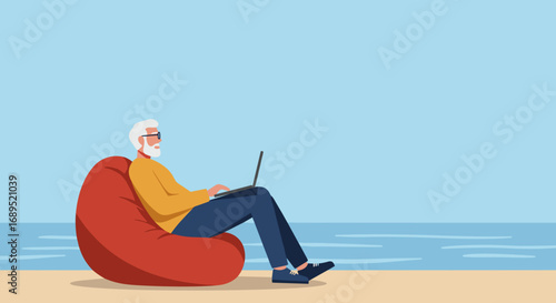 Senior man enjoying remote work on a beach, sitting comfortably in a bean bag chair. Ideal for concepts of retirement, digital nomad lifestyle, or work-life balance.