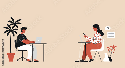 Professional man and woman focused on their laptops, representing remote work, online collaboration, and the modern digital business lifestyle.