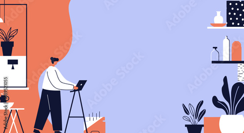 Focused person working remotely on a laptop in a stylish modern home office with plants. Represents productivity, flexible work, and contemporary lifestyle.