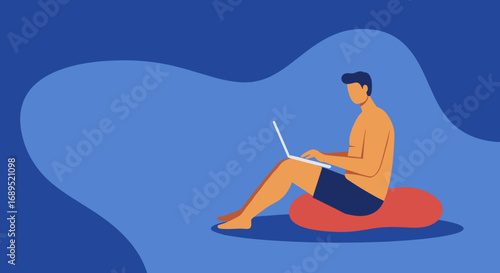 Man in swimwear works remotely on laptop while relaxing on a cushion, embodying freedom, digital nomad lifestyle, and technology integration during leisure or vacation.