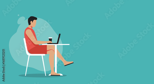 Man in casual wear working on a laptop with a drink, embodying remote work, digital nomad lifestyle, and flexible education. Blank space for text.