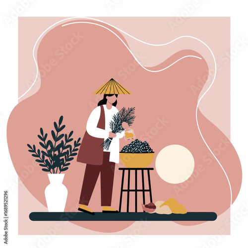 Woman in traditional conical hat preparing natural ingredients, herbs, and spices. Ideal for themes of culture, healthy living, traditional markets, and travel.