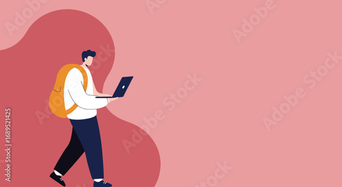 Man with backpack uses a laptop while walking, embodying remote work, online education, or the digital nomad lifestyle. Concepts of mobility, learning, and technology.