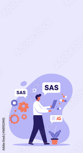 Man works on laptop with "SAS" indicators and gears, symbolizing data analytics, software development, and cloud computing solutions for modern business.