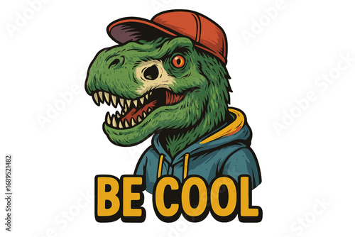 Cool dinosaur character wearing a cap and hoodie promoting a fun, playful attitude and a positive message