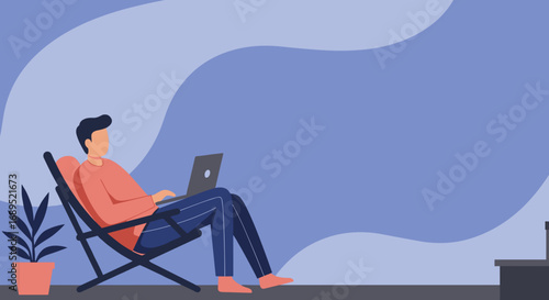 Man works remotely on a laptop, sitting comfortably in a lounge chair at home. Represents flexible work, digital lifestyle, and productivity.