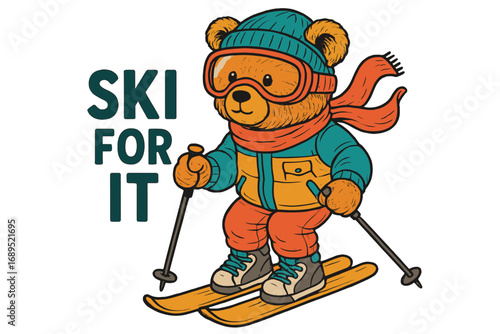 Cute bear skis down snowy slopes wearing bright winter gear and enjoying the winter adventure in a mountain setting