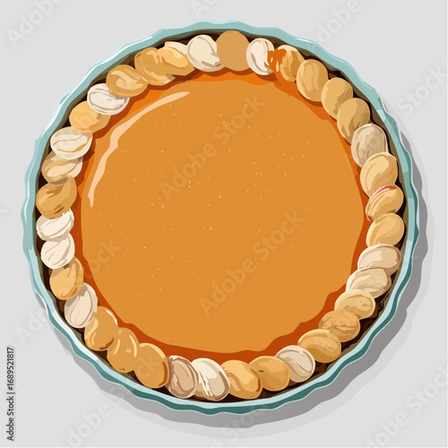 A festive, whole pumpkin pie, viewed from above in a light blue ceramic dish, presented as a clean vector illustration for holiday cooking themes