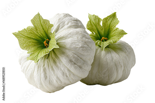 Two small, white, bumpy gourds with light green flowers