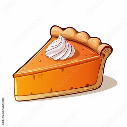 A playful cartoon vector illustration of a delightful slice of pumpkin pie, perfectly baked and topped with a swirl of fresh whipped cream, ready for a sweet treat