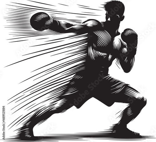 Illustrative Silhouette of a Dynamic Boxer Delivering a Powerful Punch with Speed Lines Capturing Motion