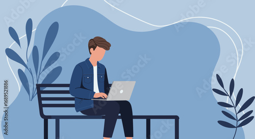 Modern illustration of a person working remotely on a laptop while seated on an outdoor bench. Represents flexibility, online learning, or freelance work.