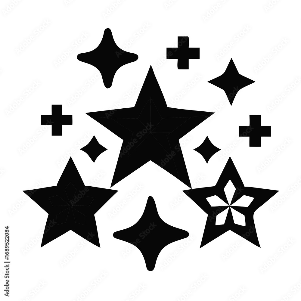 Fototapeta premium Collection of black stars and plus shapes on a white background