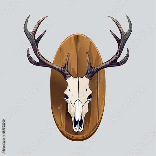 A classic rustic vector illustration of a majestic deer skull with antlers, presented as a mounted trophy on a wooden plaque, perfect for wilderness and lodge-themed designs