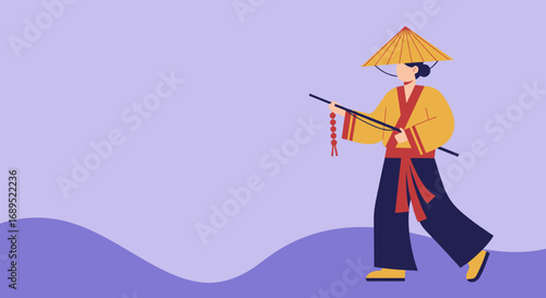 Person in traditional Asian attire, conical hat, and kimono-style clothing walks across an abstract purple landscape. Represents Asian culture, travel, and historical journey.