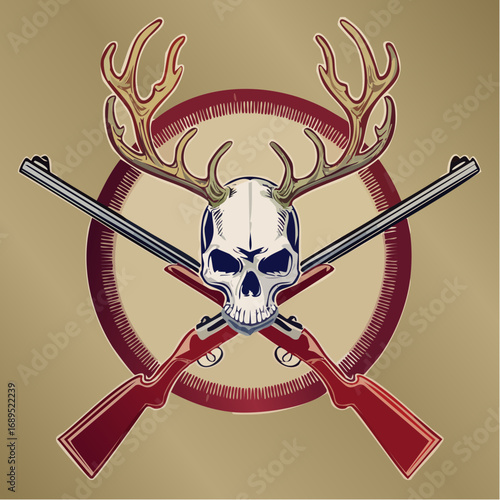 A bold vector illustration featuring a majestic deer skull adorned with antlers, dramatically crossed over classic hunting shotguns, set against a circular emblem, symbolizing the spirit of the hunt
