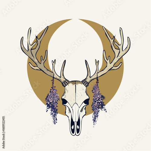 Mystical Boho Vector Deer Skull with Moon and Flowers Illustration