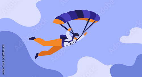 Skydiver soaring through the blue sky with an open parachute, embodying freedom, adventure, and the excitement of extreme sports. Perfect for travel and lifestyle content.