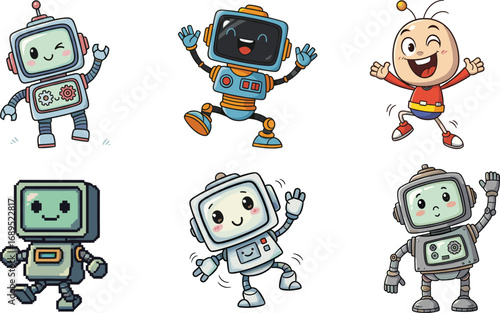 Cartoon robot characters illustration, cute friendly robots, happy futuristic machines, technology mascot design, artificial intelligence toy, smiling robot art