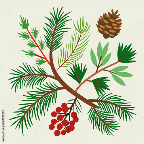 Winter forest elements featuring pine needles berries and pinecone