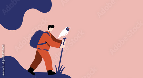 Adventurous traveler with a backpack and a guiding bird on a walking stick, exploring a serene, minimalist landscape. Represents discovery and connection with nature.