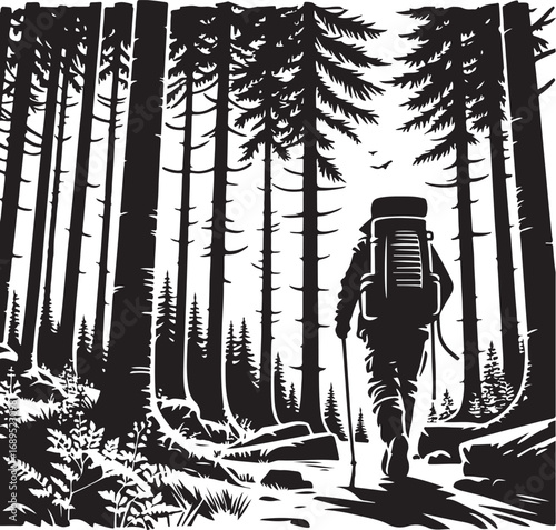 Lone Hiker Explores a Dense Pine Forest Trail with Backpack and Walking Sticks