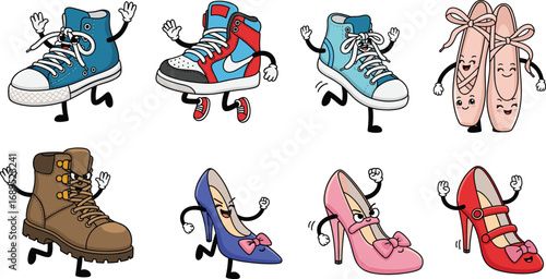 Cartoon shoes character illustration with sneakers, boots, ballet flats, high heels, funny footwear design, cute animated shoe mascot art