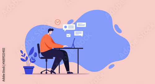 Professional working on laptop, managing tasks and online communication from a modern workspace. Illustrates remote work, productivity, and digital business.