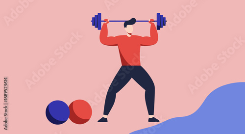 Strong man in a stylized illustration lifting a heavy barbell overhead, showcasing dedication to fitness, strength, and a healthy lifestyle. Ideal for health and wellness concepts.