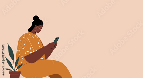 African American woman with glasses engaged with her smartphone, sitting casually. Perfect for digital communication, modern lifestyle, social media, and technology concepts.