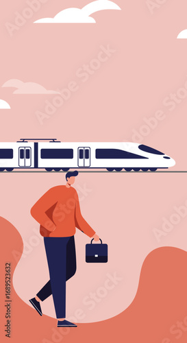Businessman walking with a briefcase as a modern high-speed train passes by, symbolizing efficient business travel and urban commute.